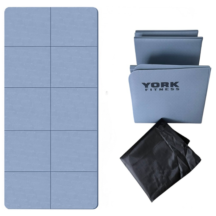 Коврик для фитнеса SPORTEX York Fitness, ТПЕ, складной в сумке (183х61х0,4 см) (серый/голубой)