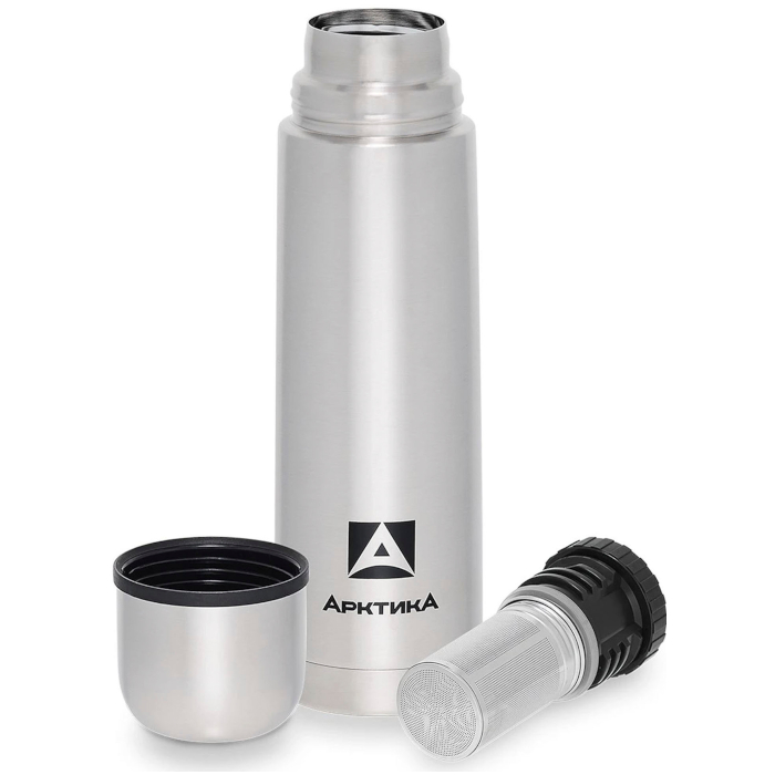Термос Арктика с узким горлом, глухой пробкой и съемным ситечком, 0,5 л (металл)