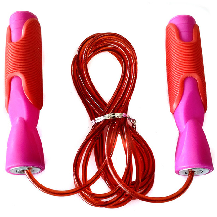 Скакалка SPORTEX с подшипником 2,8 м. (Ручки с грипсами, металлический трос) (розовый/красный)